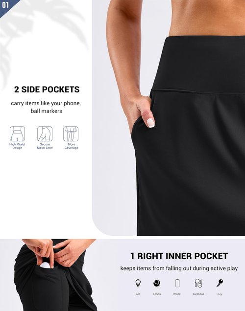 G Gradual Skorts for Woman Golf Skirts 3 Pockets High Waisted Athletic Skirt for Women Tennis Pickleball Casual Summer, Black, 18 Inch, Large