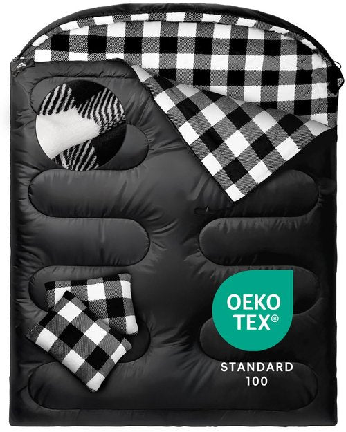 MEREZA Flannel Double Sleeping Bag for Adults Cold Weather, XL Queen Size Sleeping Bag for All Season 2 Person Big and Tall Sleeping Bags for Camping 0 Degree with Pillow