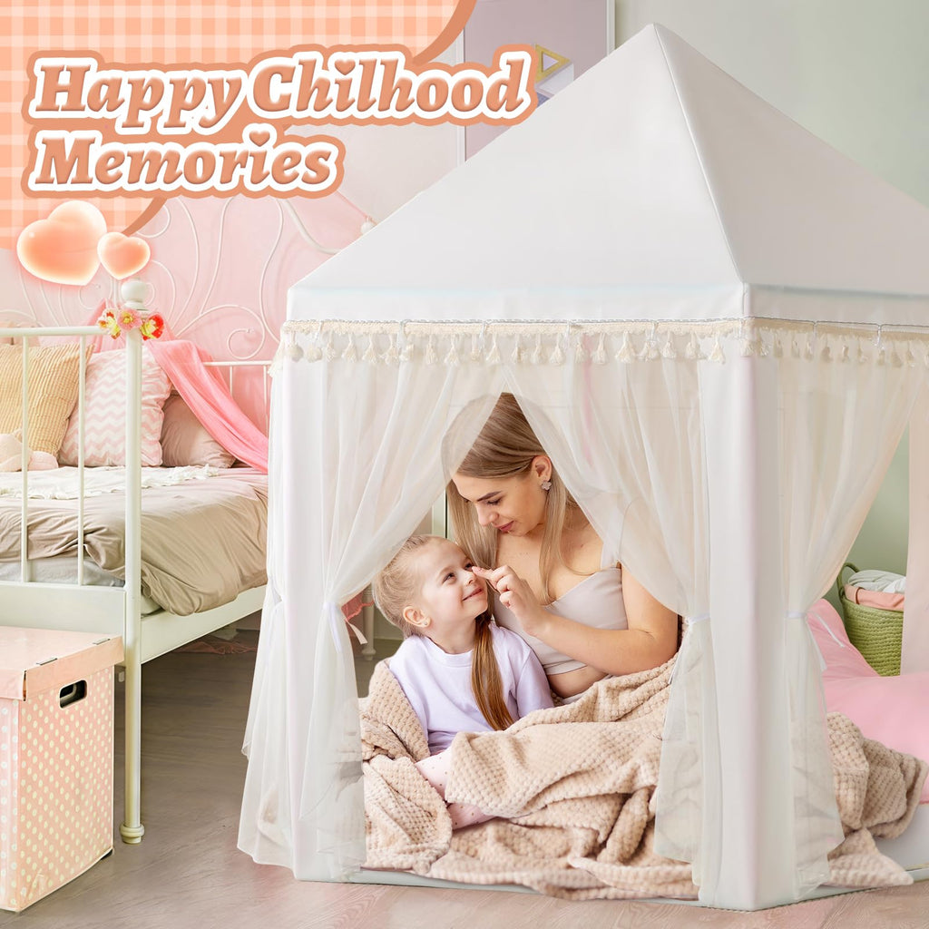 Monobeach White Princess Tent Girls Tassel Decor Large Playhouse Kids Castle Play Tent with Star Lights Toy for Children Indoor and Outdoor Games, 55'' x 53'' (White Princess Tent with Tassel)