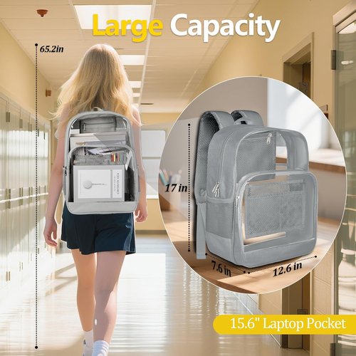 BrillaraSymn Heavy Duty Clear Backpack - Sturdy Transparent PVC Bookbag with Privacy Pocket | Grey