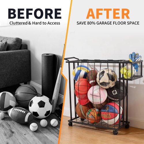 Multi-Sport Ball Storage Cart by [Brand Name] - Rolling Organizer with Side Basket for Gloves & Tennis - Ideal for Basketball, Soccer & Yoga Mats