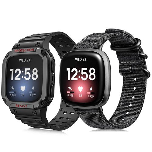 Fintie Nylon Band Compatible with Fitbit Versa 3/4/Sense 2/1/Sense/Bundle with Case for Fitbit Sense 2/1/Fitbit Versa 4/3/2/1/Versa Lite