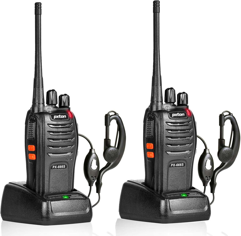 Pxton Walkie Talkies - 666S Long Range Rechargeable 2-Way Radios with Headphones | VOX, Noise Reduction, Flashlight (2 Pack)