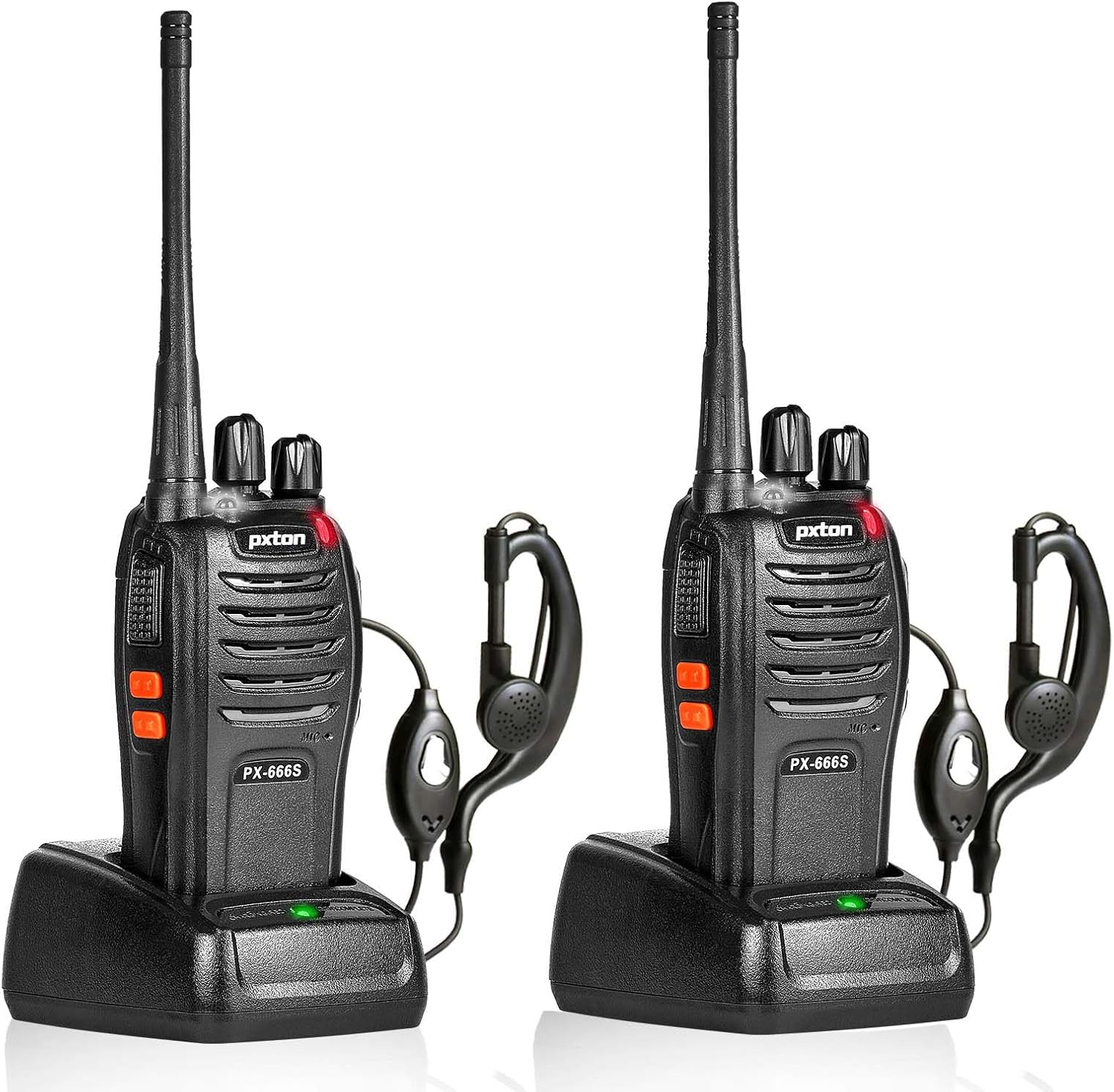 Pxton Walkie Talkies - 666S Long Range Rechargeable 2-Way Radios with Headphones | VOX, Noise Reduction, Flashlight (2 Pack)