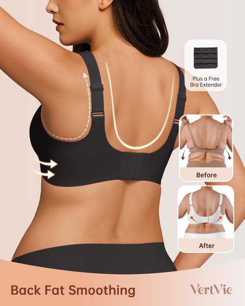 Vertvie Bras for Women No Underwire Wireless Support Bra Underarm-Smoothing Seamless Push Up Full Coverage T-Shirt Sports Bra(Black,Large Plus)