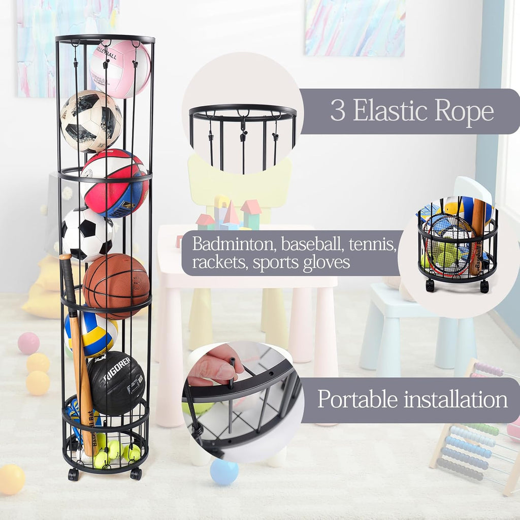 Upgrated Ball Storage Rack - Wall-Mounted Sports Equipment Organizer with Adjustable Cords | Indoor/Outdoor Use