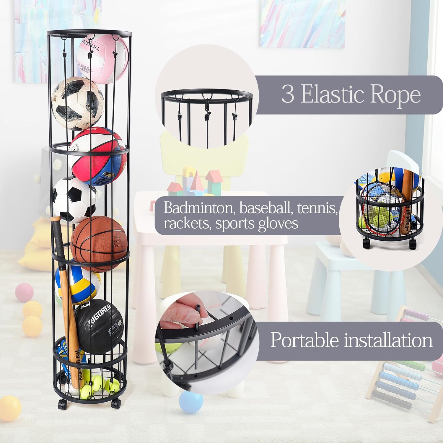 Upgrated Ball Storage Rack - Wall-Mounted Sports Equipment Organizer with Adjustable Cords | Indoor/Outdoor Use