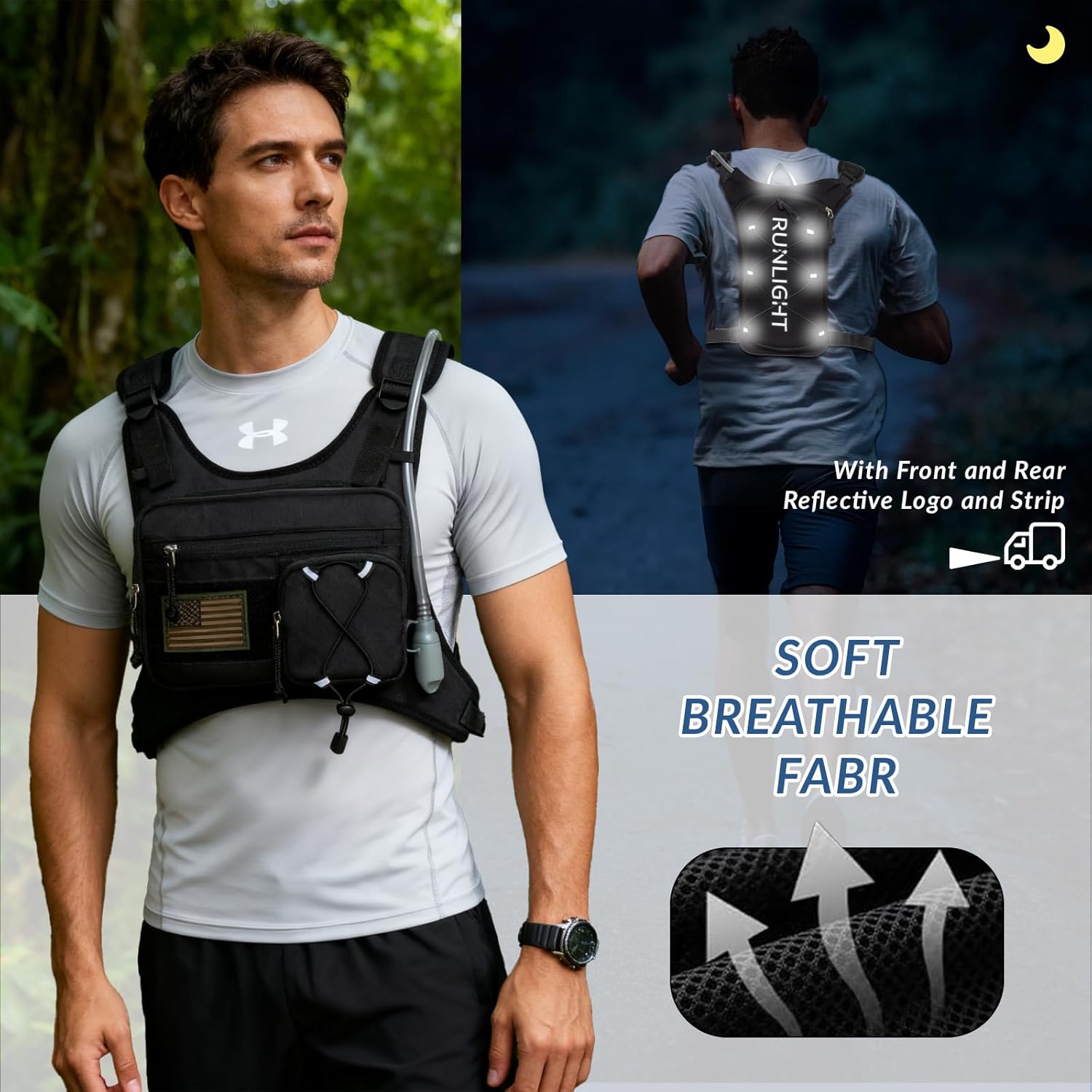 Runlight Running Vest - Lightweight Adjustable Hydration Pack with 1.5L Water Bladder & Reflective Design