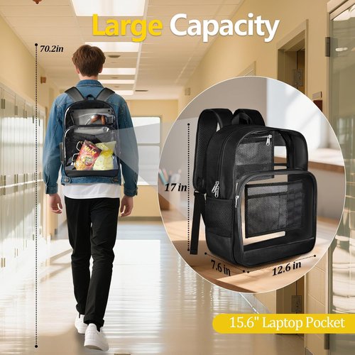 BrillaraSymn Heavy Duty Clear Backpack - Sturdy Transparent PVC & Oxford Bookbag for School | Black