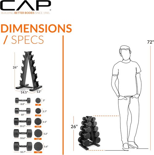 CAP Barbell Rubber Coated Dumbbell Weight Set - Vertical Rack Included | 100 lb, 150 lb, 210 lb Options