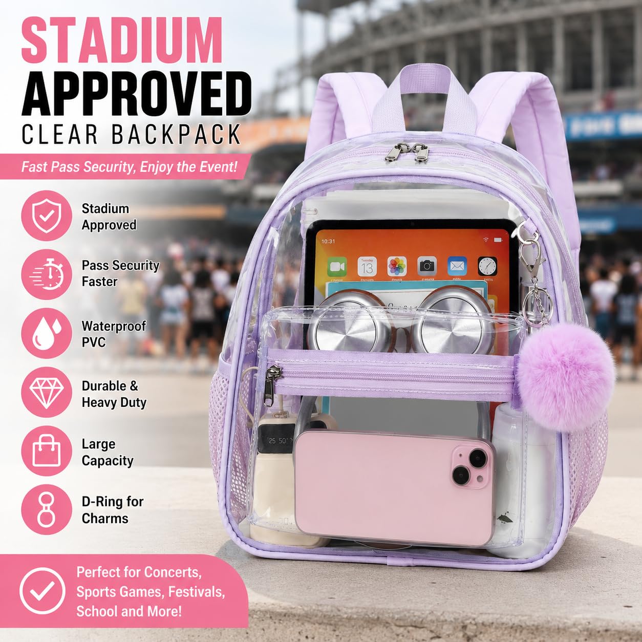 BTOOP Clear Mini Backpack for Stadium Events 12x12x6 Small Transparent Backpacks Plastic See Through Clear Bag for Concerts Work Festival Security Travel Purple