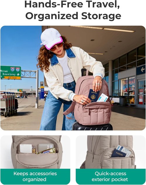 BAGSMART Women's Quilted Laptop Backpack - Cute Water-Resistant Travel Daypack | Puffer Camel