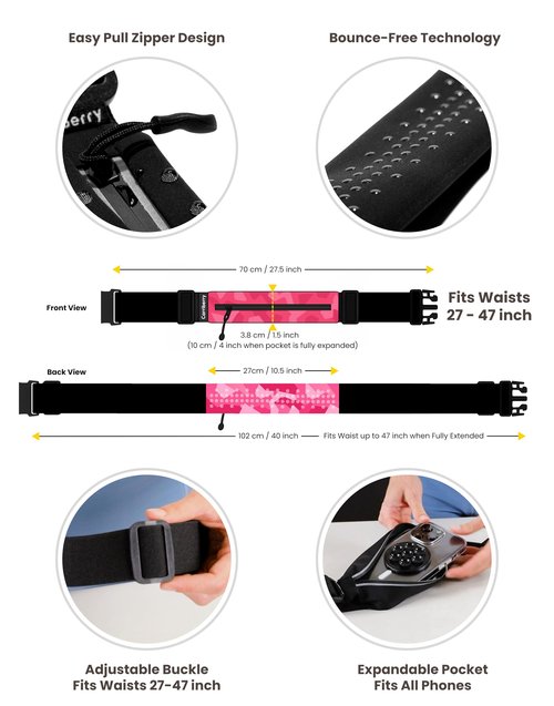 Carriberry Running Belt - Running Fanny Pack for Training, Jogging, and Walking, Slim, Waterproof, Expandable, Waist Bag, Money Keys Cards Phone Holder with Reflective Zipper (Black)