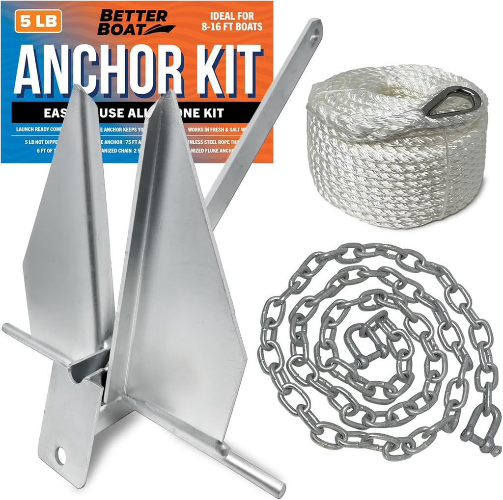 Better Boat Heavy Duty Fluke Boat Anchor Kit - Galvanized Steel with Rope & Chain | Multiple Sizes Available
