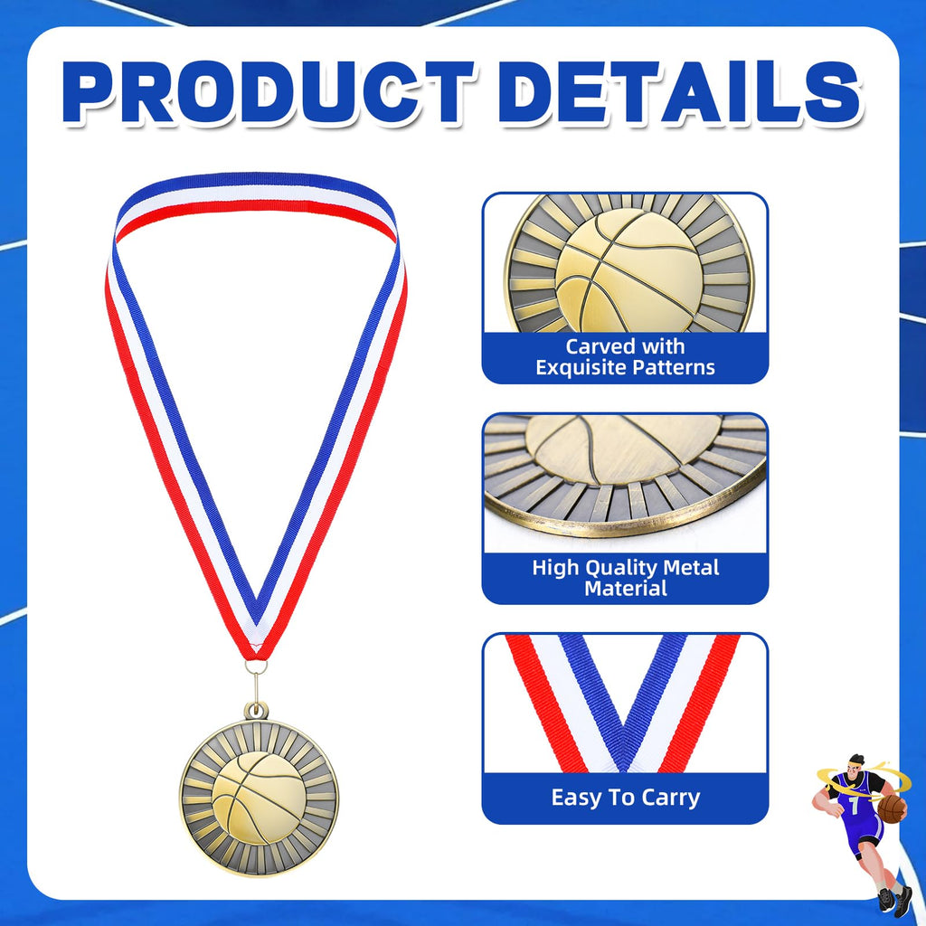 Huquary 30 Pcs Basketball Medals Bulk 2'' Gold Medal for Awards Team Participation Trophy with Neck Ribbons Tournament Medals for Kids Adults Sports Themed Party Favors Award Prize Gift