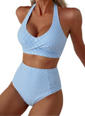 Herseas Women's High Waisted Bikini Set - Stylish Halter Design with Patch Pockets | Striped Swimwear