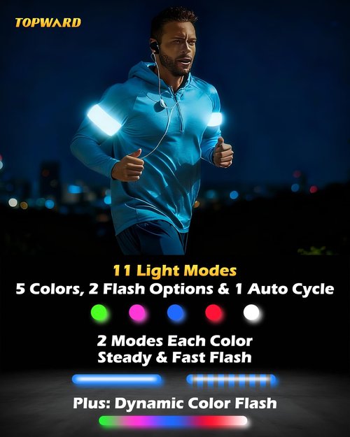 Topward LED Armband 2 Pack, Light up Reflective Arm Bands Glow Bracelets, Running Lights for Runners Dog Walking - 5 Colors 11 Light Modes - Adjustable Velcro - Rechargeable
