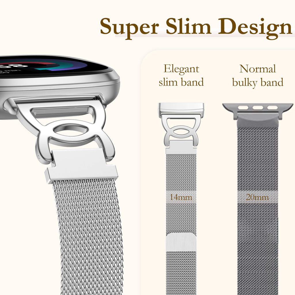 Ouwegaga Metal Band Compatible with Fitbit Versa 4 Bands/Sense 2/Sense/Versa 3 Bands for Women Men, Stylish Slim Stainless Steel Milanese Mesh Loop Magnetic Strap Compatible with Fitbit Smartwatch