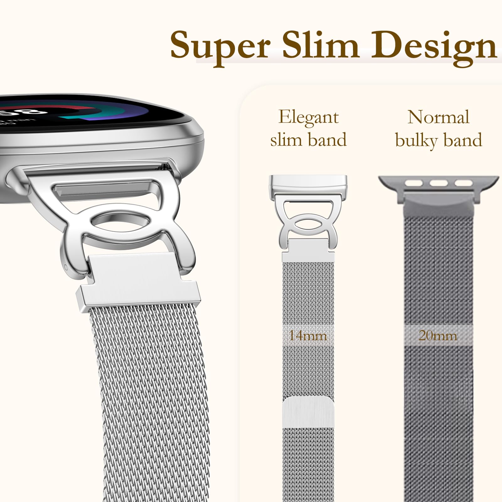 Ouwegaga Metal Band Compatible with Fitbit Versa 4 Bands/Sense 2/Sense/Versa 3 Bands for Women Men, Stylish Slim Stainless Steel Milanese Mesh Loop Magnetic Strap Compatible with Fitbit Smartwatch