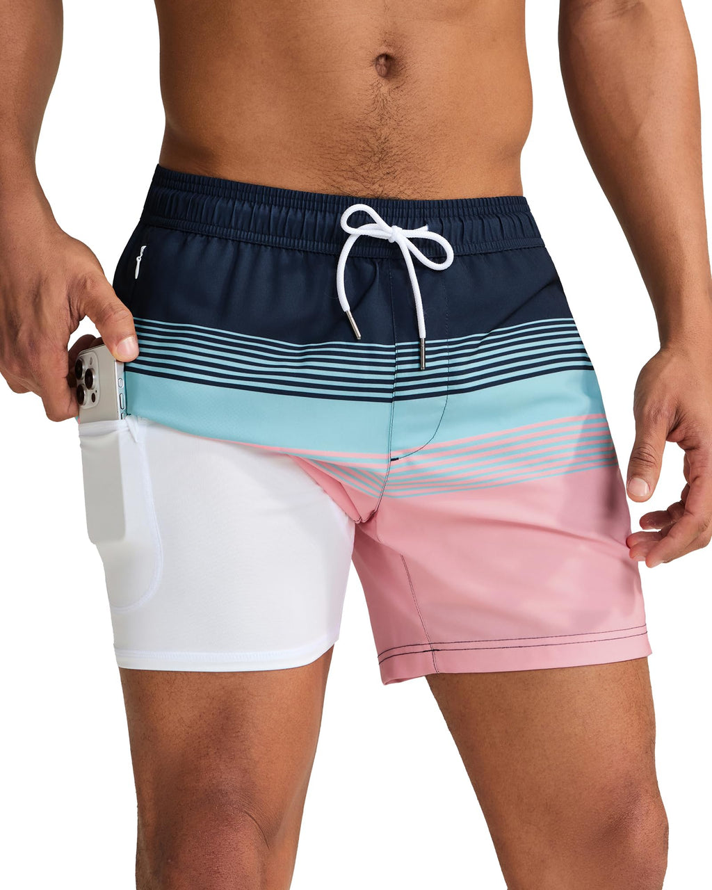 maamgic Mens Swim Trunks with Compression Liner 5 Inch, Quick Dry Bathing Suit with Zipper Pockets, Stretch No-Chafing Swim Shorts, Blue Green-Orange Stripes X-Small