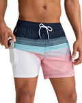 maamgic Mens Swim Trunks with Compression Liner 5 Inch, Quick Dry Bathing Suit with Zipper Pockets, Stretch No-Chafing Swim Shorts, Blue Green-Orange Stripes X-Small