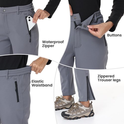 TIHEEN Women's Fleece Lined Waterproof Insulated Snow Ski Pants Winter Warm Hiking Pants Outdoor Softshell Gray XL