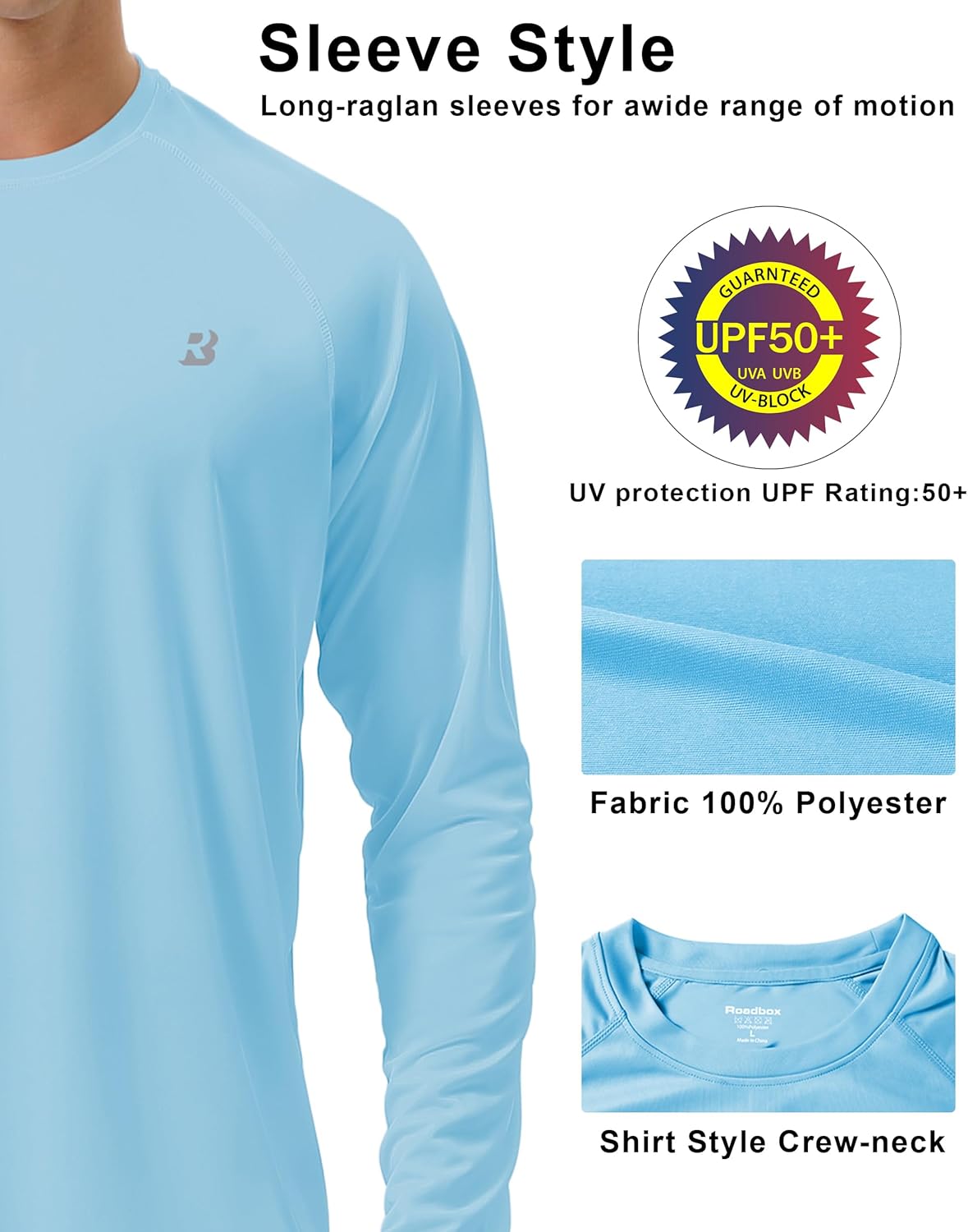 Roadbox UV Sun Protection Shirts - Men's Long Sleeve SPF 50+ Rash Guard for Outdoor Activities