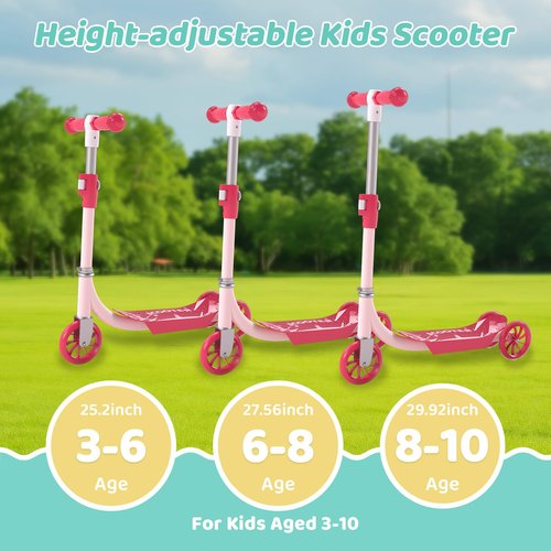 ADUBENRY Kids Kick Scooters, 3 Wheel Scooter for Kids Ages 3-10, LED Lighted Wheels with 3 Adjustable Height Handlebars for Boys & Girls Pink