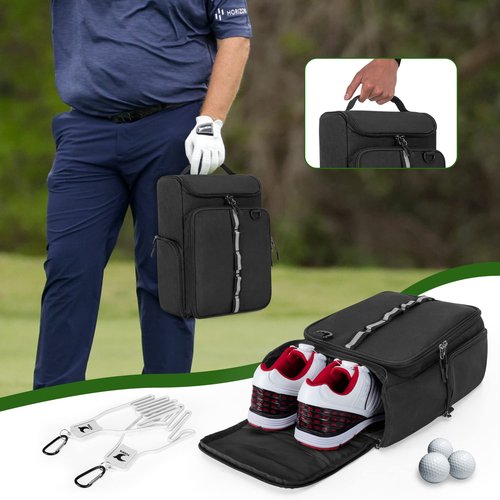 GOBUROS Golf Shoe Bag Holds A Pair of Shoes US Mens 14, Golf Shoe Carrier with Free Gloves Holders (A Pair), Front and Side Accessory Pockets for Tees, Gloves and Ball, Black