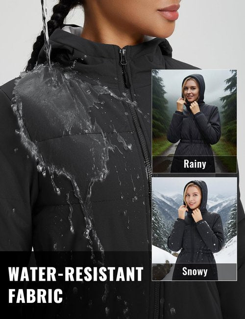baleaf Women's Winter Coat Long Puffer Jacket Quilted Jackets with Hood Warm Running Insulated Hiking Snow Black XL