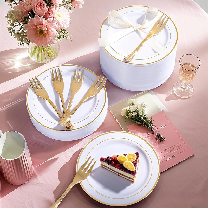Wellife 240 Pcs Disposable Dessert Plates with Gold Forks, 6.5 Inch White & Gold Rim Set for 120 Guests