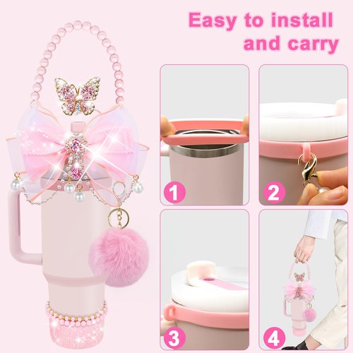 LBU Bling Stanley Cup Accessories for 40&30&20 Oz Tumbler Including Diamond Bow Straw Topper, Stanley Bracelets Charms, Butterfly Straw Cover Cap, Pearl Handle Strap, Silicone Boot, Pom-Pom (Pink)