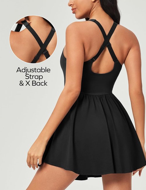Ewedoos Tennis Dress for Women - Athletic Style with Built-In Shorts | Comfortable Square Neck Design