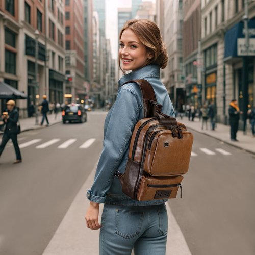 SUIKIHUM Vintage PU Leather Sling Backpack for Men, Crossbody Bag, Adjustable Shoulder Strap (Light Brown)