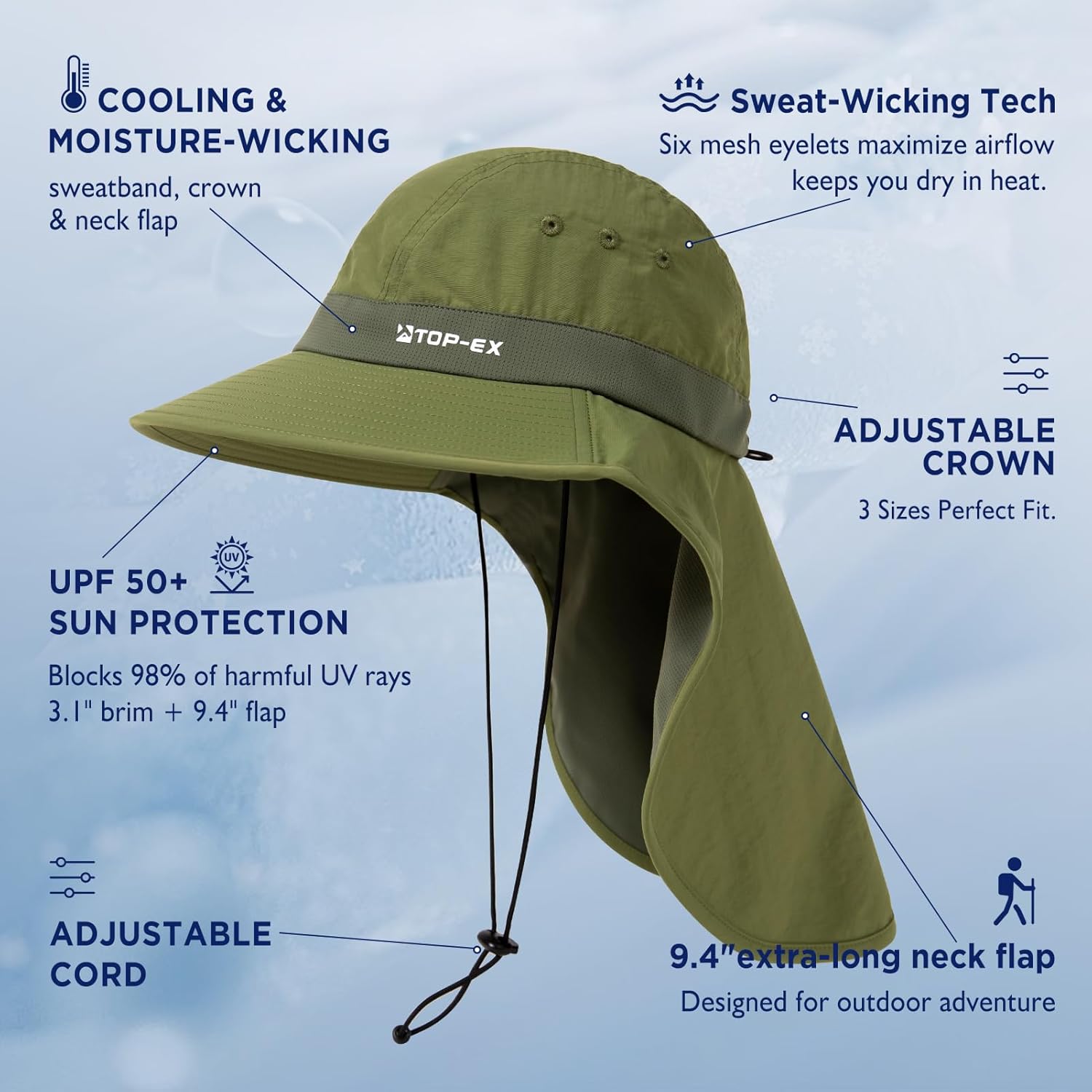 TOP-EX Cooling Sun Hat - UPF 50+ Wide Brim with Neck Flap for Hiking, Fishing & Large Sizes