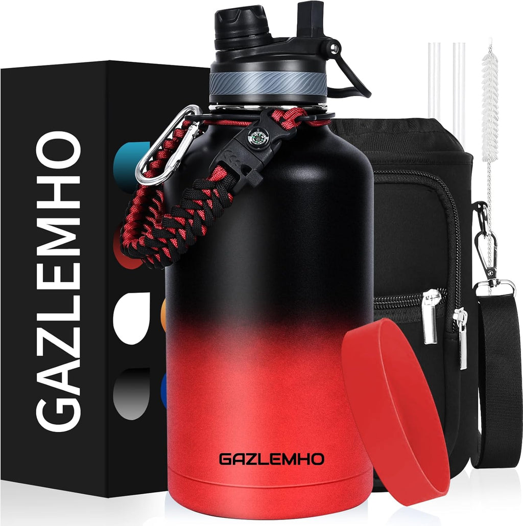 Skiennix Insulated Water Bottle - 64 oz Half Gallon Stainless Steel Flask with 2-in-1 Lid & Paracord Handle