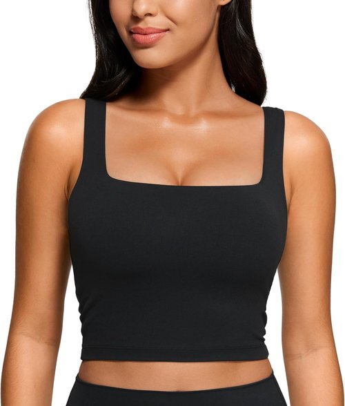 CRZ YOGA Butterluxe Square Neck Crop Tank Top - Padded Longline Sports Bra for Women
