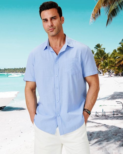 MLYENX Men's Linen Shirts - Casual Short Sleeve Button Down Tops for Summer Beach | 3 Pack with Pocket