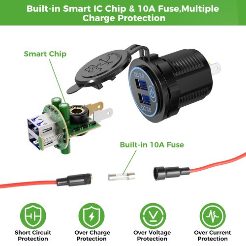 10L0L Golf Cart Dual USB Charger/USB Port/Quick Charge 3.0 USB Outlet Universal fit EZGO Club Car and Yamaha, Also fit Motorcycle,ATV,Boat etc.12V-24V Input