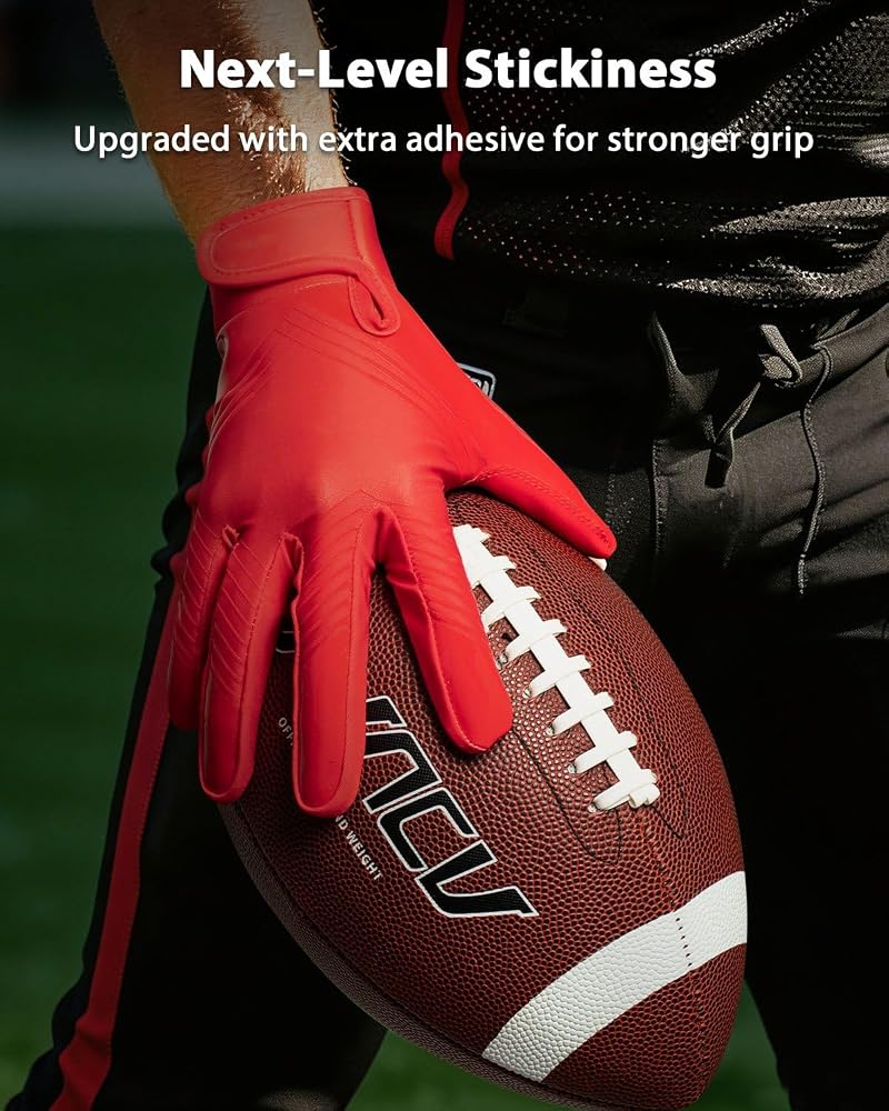 RIGWARL Football Gloves RED+Adult-L, Super Sticky Receiver Gloves for Men, Youth & Kids