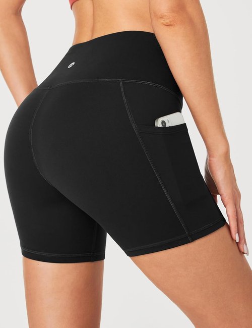 Heathyoga Biker Shorts for Women - High Waisted Tummy Control with Pockets | 5" Workout Spandex Shorts
