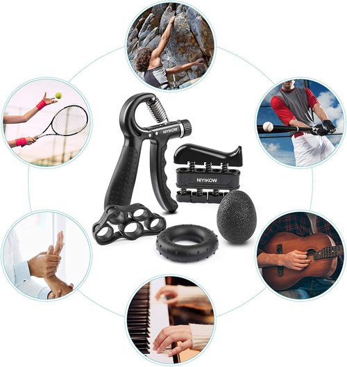 NIYIKOW Grip Strength Trainer, Adjustable Hand Grip Strengthener Kit - 5 Pack with Counting Forearm Strengthener, Finger Trainer, Finger Exerciser, Grip Ring, Grip Ball - Black