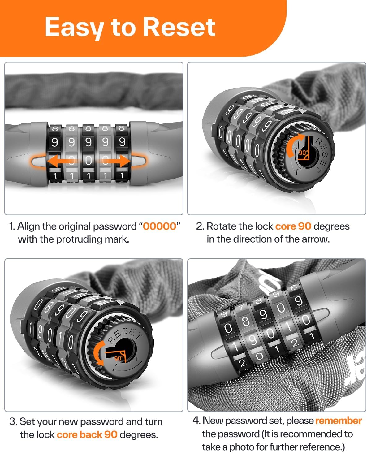 Sportneer Bike Lock - High Security 5-Digit Combination Chain Lock | 3.2/3.6/4ft Heavy Duty, Keyless Design for Bikes, Motorcycles, Scooters, Doors & Gates - 4/6mm Thick