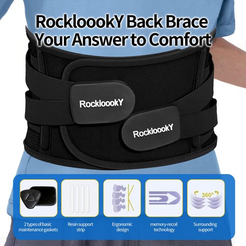 RockloookY Lower Back Brace for Women Men, Adjustable Lumbar Support with Ergonomic Metal Stays for Work,Lifting,Drive,Fitness, Breathable Fabric Support Belt with 3D Pad,Black,Size XXL,Waist 52"-62"