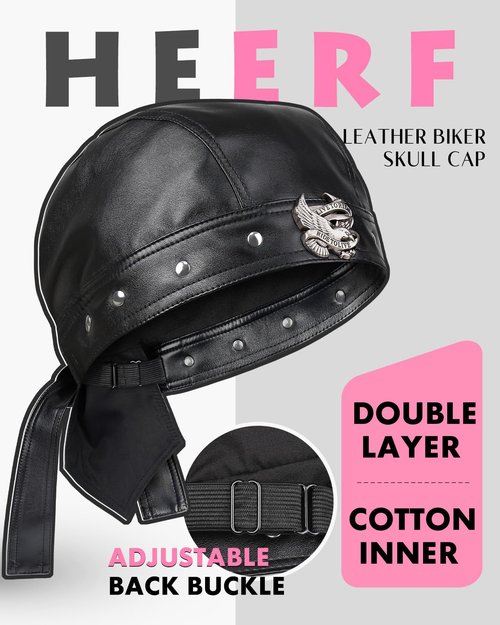 Black Leather Cap for Women & Men - Leather Biker Skull Cap with Eagle Rivets, Adjustable Motorcycle Bandana Style Head Wrap