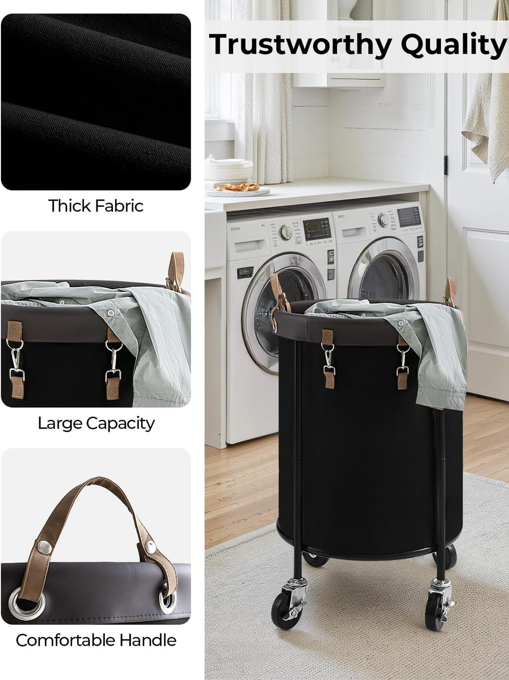 StorageWorks Rolling Laundry Basket - 110L Clothes Hamper with Wheels & Removable Bag - Black