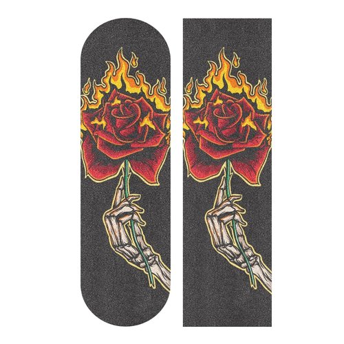 HUSSRITY Skeleton Hand Burning Rose Grip Tape - 9" x 33" Bubble Free Longboard Grip Tape Sheet - Easy Apply for Skateboards & Scooters