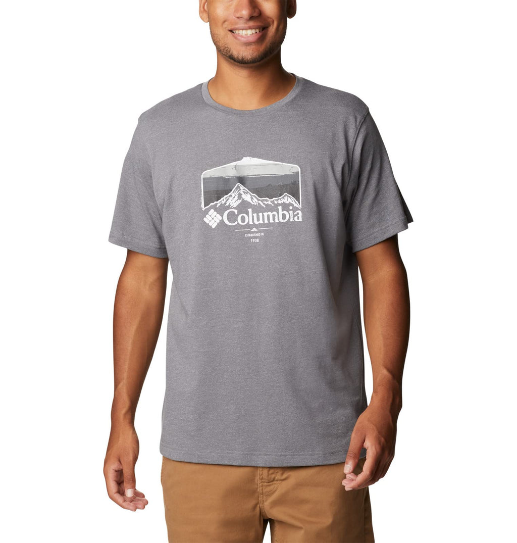 Columbia Men's Thistletown Hills Graphic Short Sleeve, City Grey Heather/Hikers Graphic, 6X Big