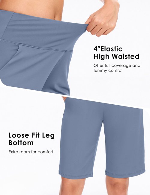 Blouty Women's 9" Bermuda Long Shorts Knee Length with Pockets High Waisted Shorts for Women Lounge Walking Athletic (Dusty Blue, X-Large)