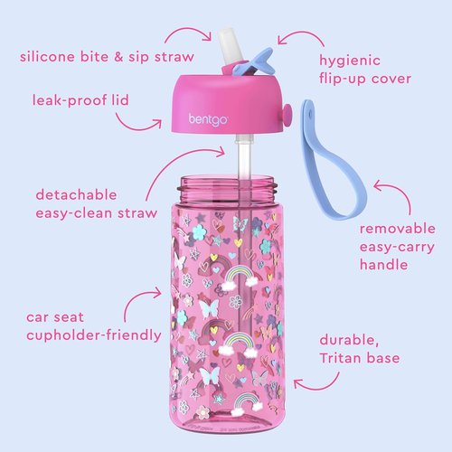 Bentgo Kids Water Bottle - Leak-Proof, Durable Tritan BPA-Free 15 oz Cup for Ages 3+ | Bite & Sip Spout, Dishwasher Safe (Rainbows & Butterflies)